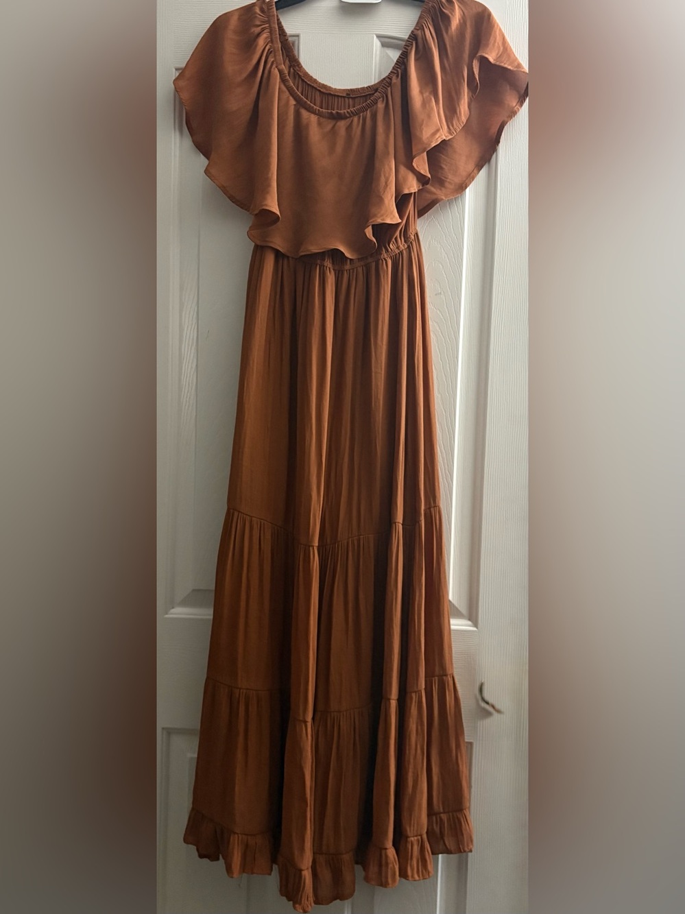 Women's Tiered Maxi Dress in Warm Brown on/off shoulder